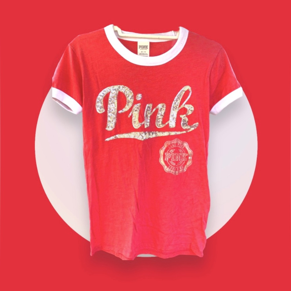 Bling Pink Short Sleeve T-shirt, XS, Pink/Silver/White, EUC!